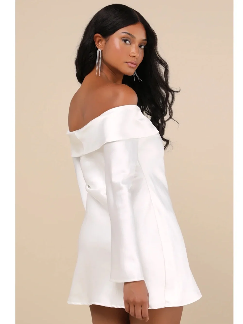 NWT Lulu’s Luxurious Vision White Satin Off-the-Shoulder Mini Dress Extra Large